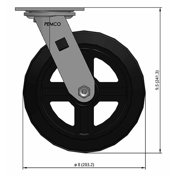 Side view drawing of caster with dimensions